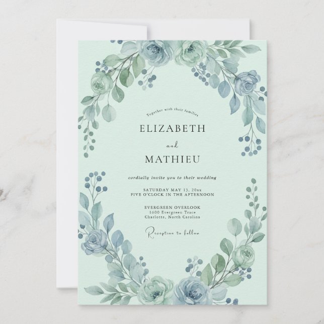 Invitación Boda de eucalipto azul acero espuma de mar (Anverso)