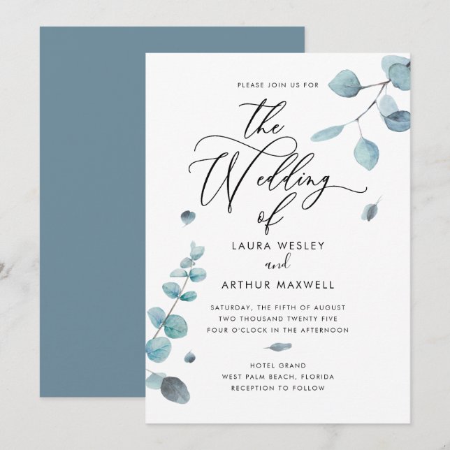 Invitación Boda de eucalipto azul moderno (Anverso / Reverso)