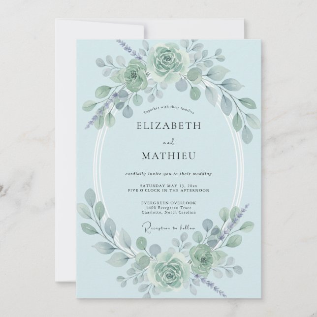 Invitación Boda de Eucalipto Azul Polvo (Anverso)