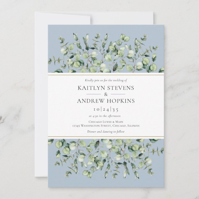 Invitación Boda de Eucalipto Azul Polvoriento (Anverso)