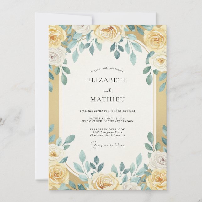 Invitación Boda de eucalipto azul verde y dorado (Anverso)