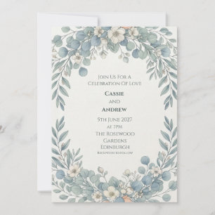Invitación Boda de Eucalipto Blanco Flor de Azul Polvoriento