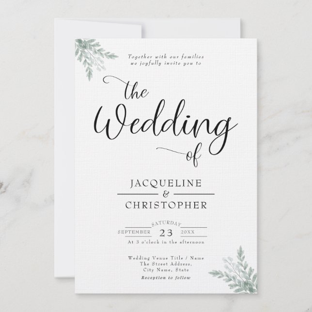 Invitación Boda de eucalipto blanco suave de monograma (Anverso)