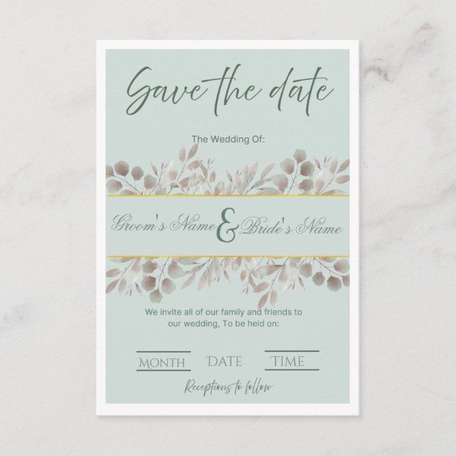 Invitación Boda de "Eucalipto Botánico" "Salva la Fecha"  (Anverso)