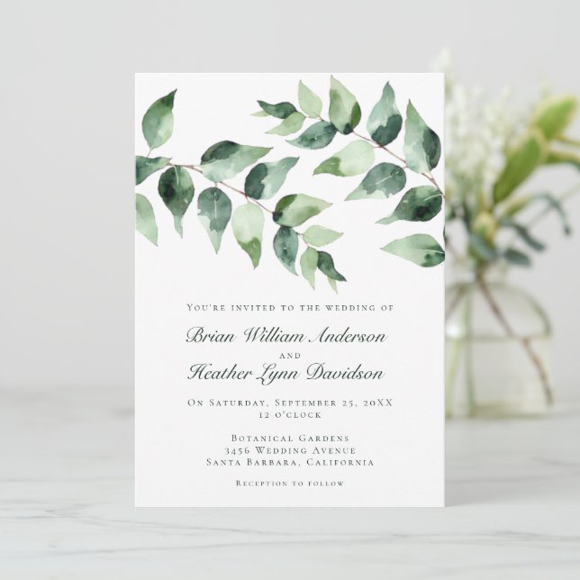 Invitación Boda de Eucalipto con Acuarela | Blanco (Anverso de pie)