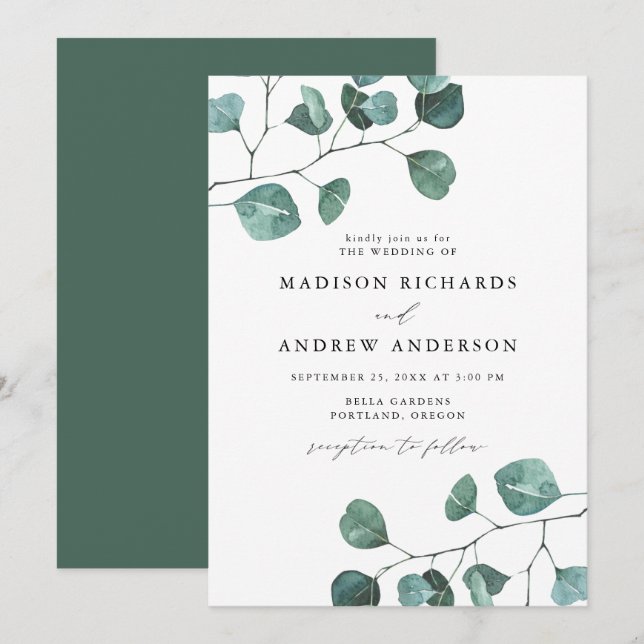 Invitación Boda de eucalipto con acuarela moderna (Anverso / Reverso)