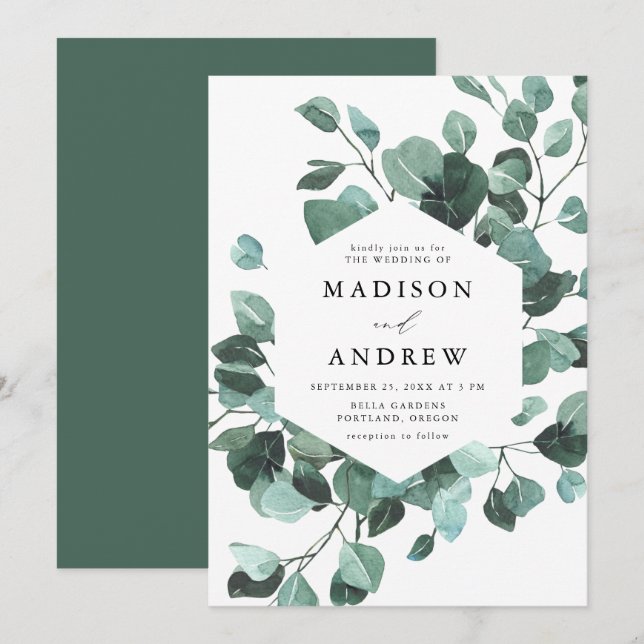 Invitación Boda de eucalipto con acuarela moderna (Anverso / Reverso)