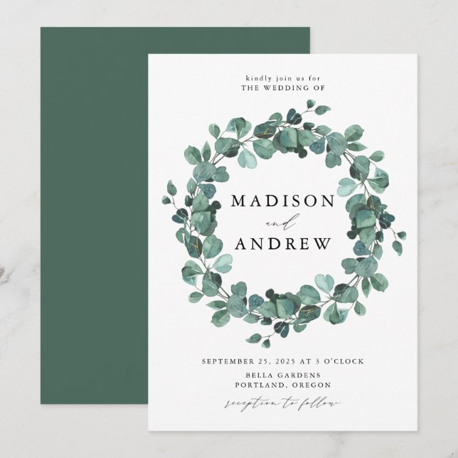 Invitación Boda de eucalipto con acuarela moderna (Anverso / Reverso)