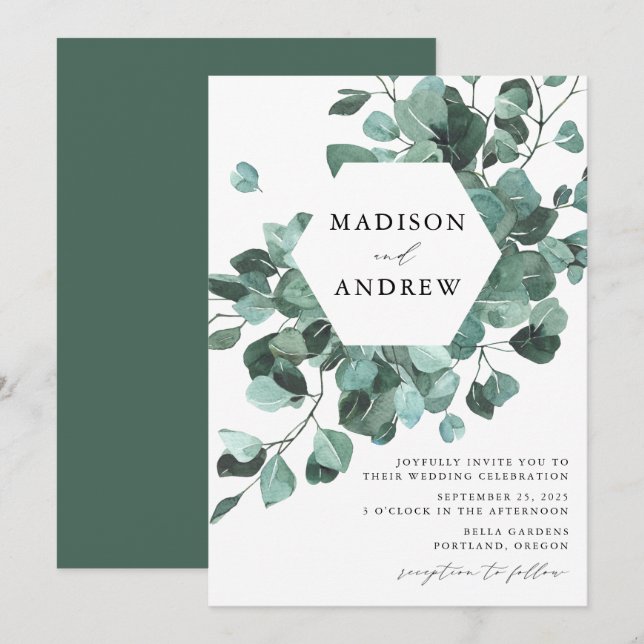Invitación Boda de eucalipto con acuarela moderna (Anverso / Reverso)