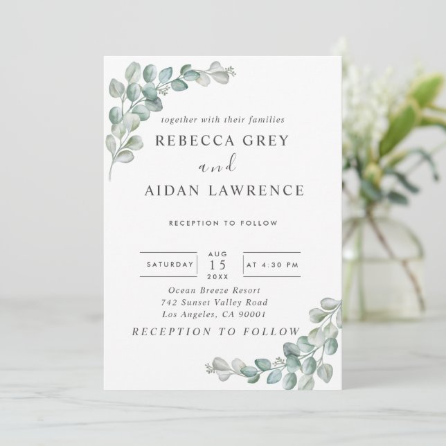 Invitación Boda de eucalipto con acuarela rústica (Anverso de pie)