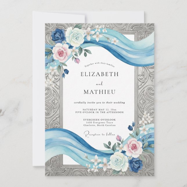 Invitación Boda de Eucalipto con Cinta de Aciano Plateada (Anverso)