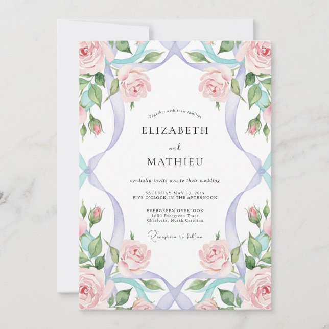 Invitación Boda de Eucalipto con Cinta de Periwinkle Rosado (Anverso)