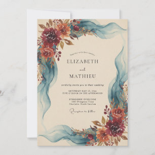 Invitación Boda de eucalipto con cinta de tafetán borgoña