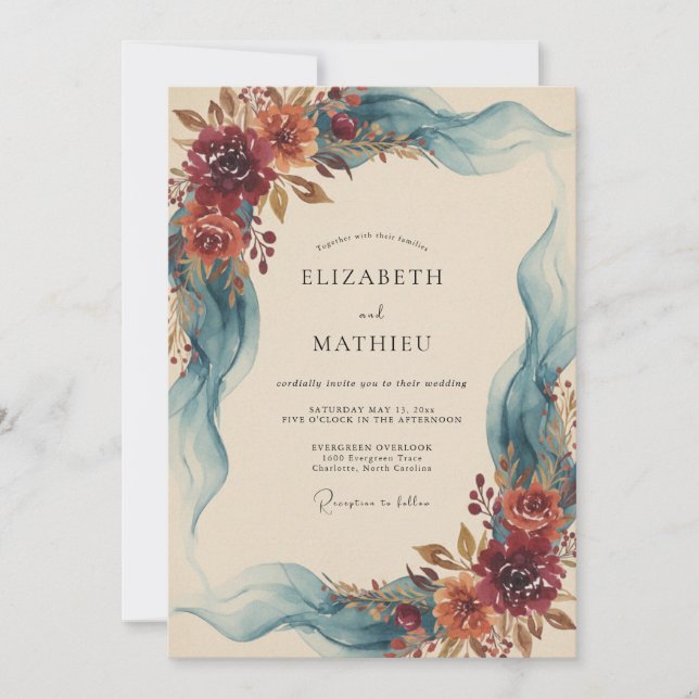 Invitación Boda de eucalipto con cinta de tafetán borgoña (Anverso)