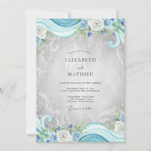 Invitación Boda de eucalipto con filigrana de plata cian