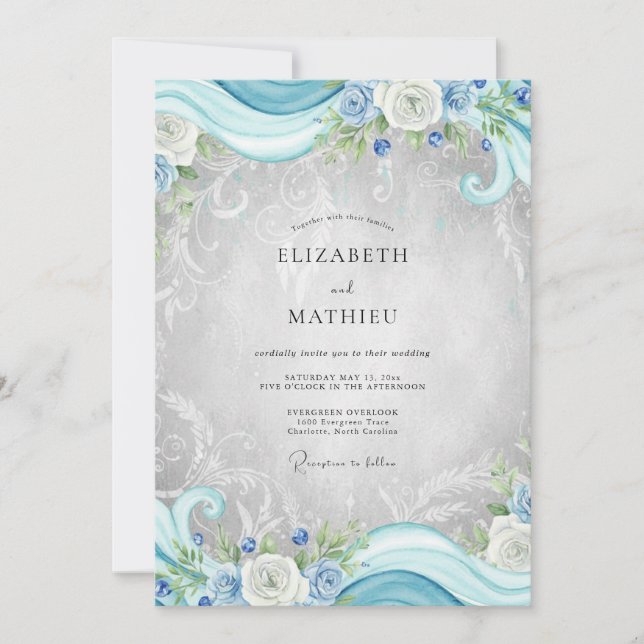 Invitación Boda de eucalipto con filigrana de plata cian (Anverso)