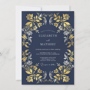 Invitación Boda de eucalipto con filigrana dorada de medianoc