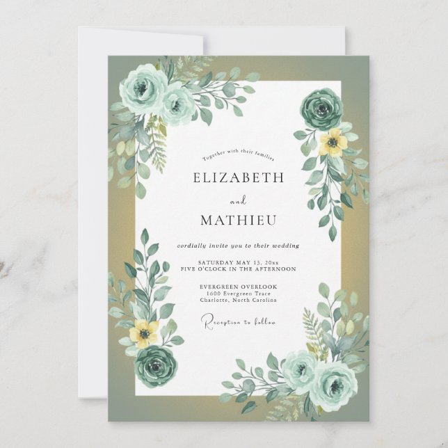 Invitación Boda de Eucalipto con Follaje Amarillo Espuma de M (Anverso)