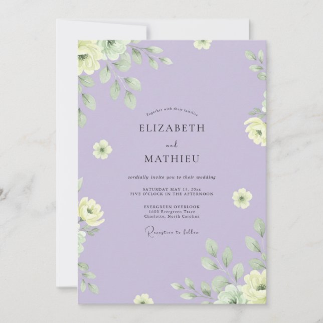 Invitación Boda de Eucalipto con Follaje Amarillo Lila (Anverso)