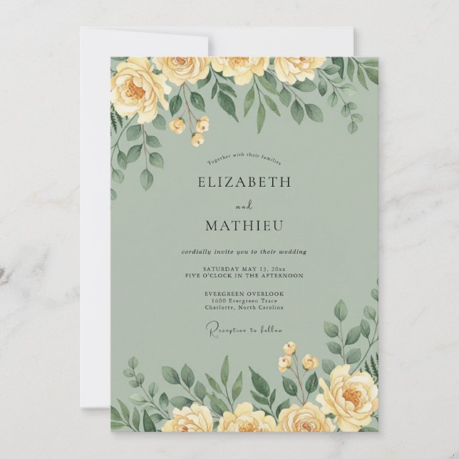 Invitación Boda de Eucalipto con Follaje Amarillo Pálido (Anverso)