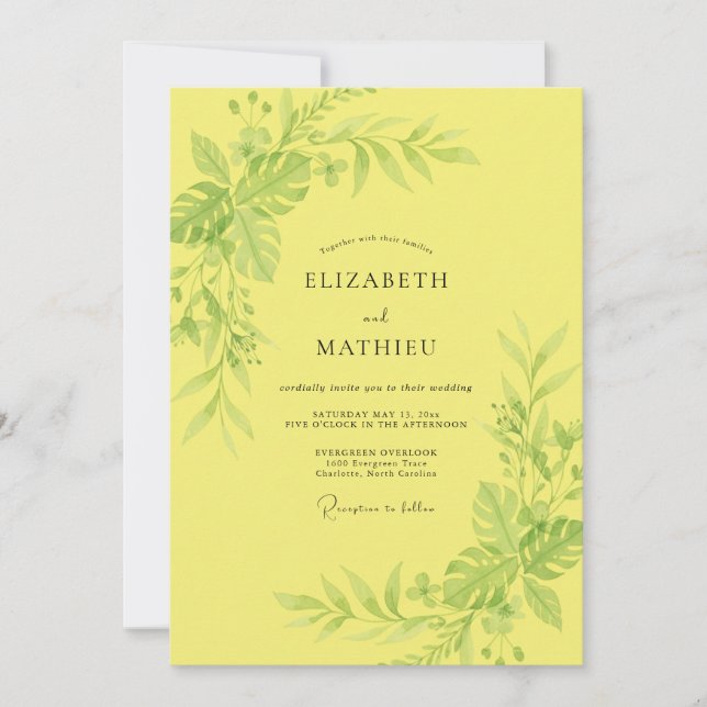 Invitación Boda de Eucalipto con Follaje Amarillo Soleado (Anverso)
