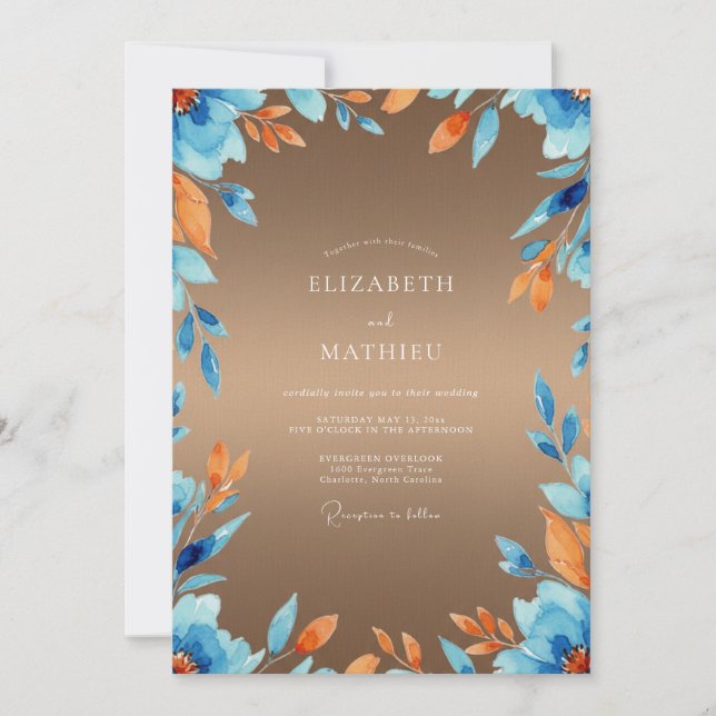 Invitación Boda de eucalipto con follaje ámbar azul (Anverso)