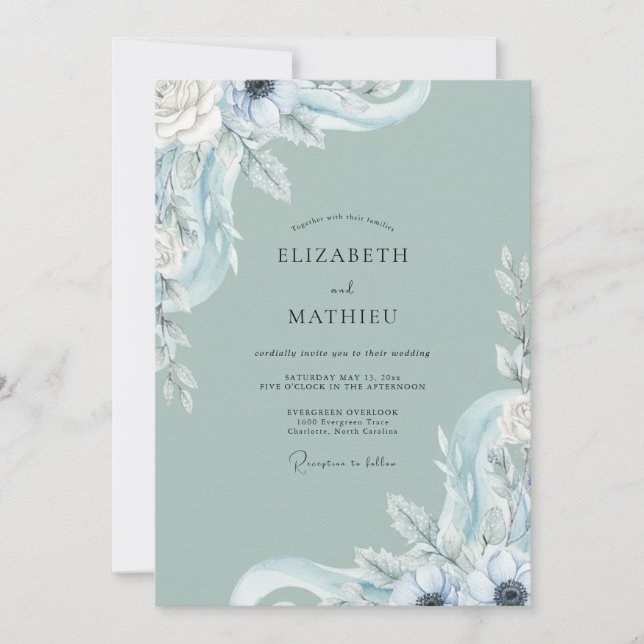 Invitación Boda de Eucalipto con Follaje Azul Hielo Espuma de (Anverso)