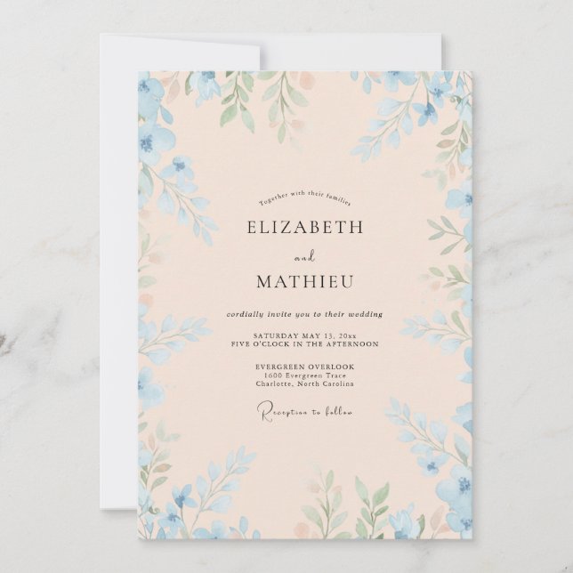 Invitación Boda de Eucalipto con Follaje Azul Rubor (Anverso)