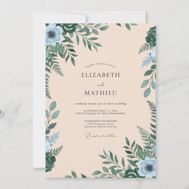 Invitación Boda de eucalipto con follaje azul teñido de champ (Anverso)