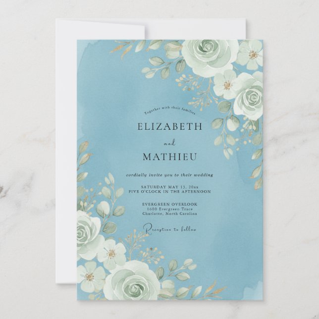 Invitación Boda de eucalipto con follaje blanco cielo (Anverso)