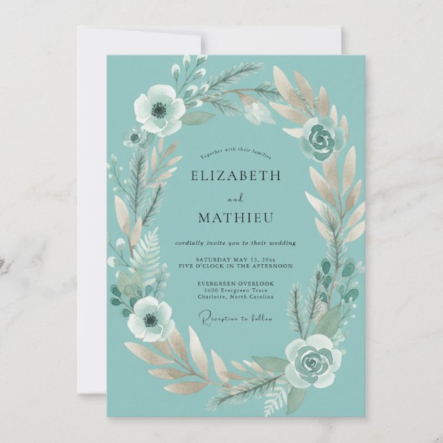 Invitación Boda de Eucalipto con Follaje Blanco Verdeazulado (Anverso)