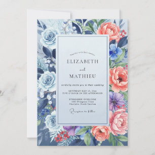 Invitación Boda de Eucalipto con Follaje Coral y Centaurea