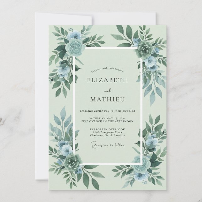 Invitación Boda de Eucalipto con Follaje de Acero Espuma de M (Anverso)