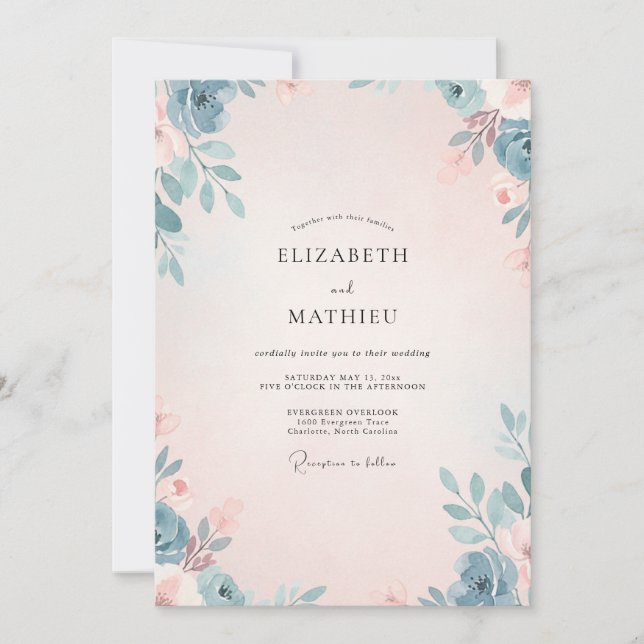 Invitación Boda de Eucalipto con Follaje de Acero Rosado (Anverso)