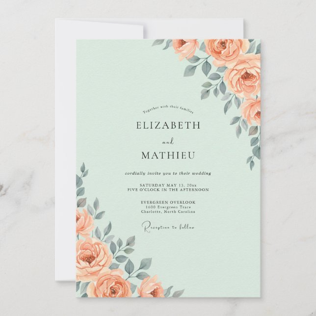 Invitación Boda de Eucalipto con Follaje de Albaricoque Menta (Anverso)