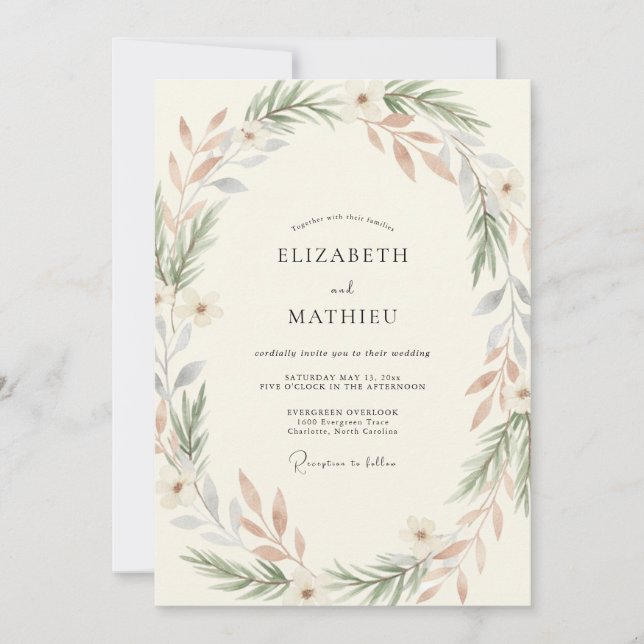 Invitación Boda de eucalipto con follaje de arcilla polvorien (Anverso)