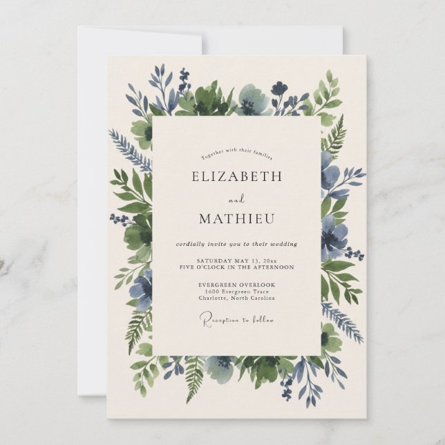 Invitación Boda de Eucalipto con Follaje de Azul Acero (Anverso)