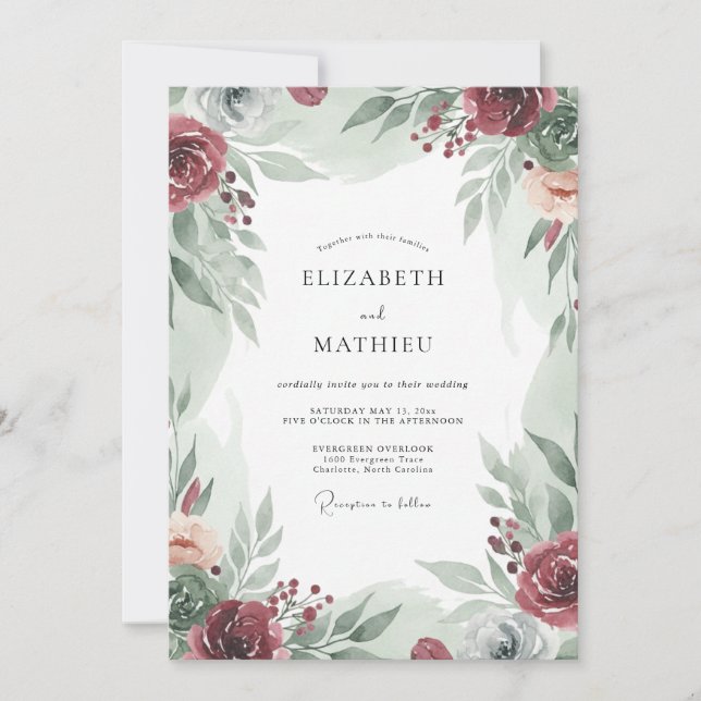 Invitación Boda de Eucalipto con Follaje de Borgoña (Anverso)