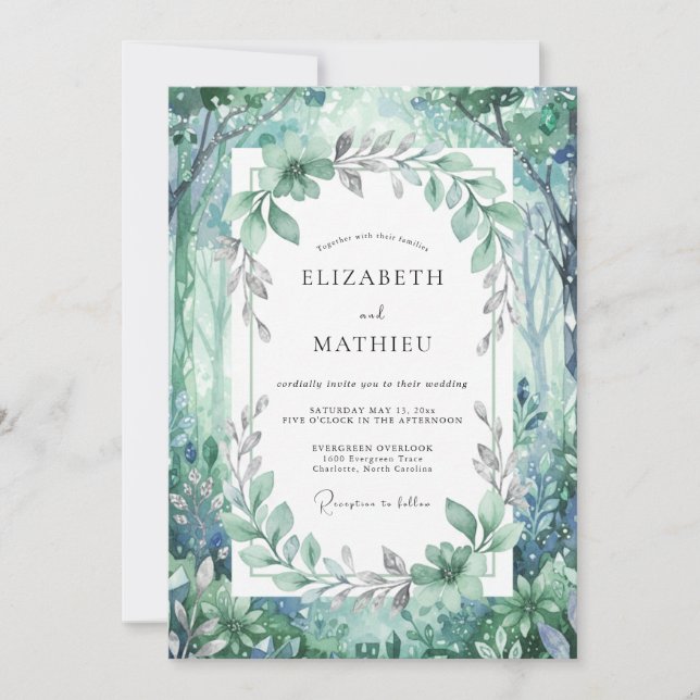 Invitación Boda de eucalipto con follaje de bosque azul verdo (Anverso)