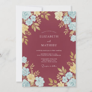 Invitación Boda de Eucalipto con Follaje de Champagne Granate