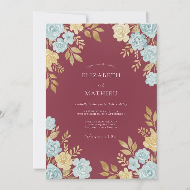 Invitación Boda de Eucalipto con Follaje de Champagne Granate (Anverso)