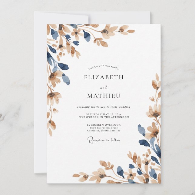 Invitación Boda de Eucalipto con Follaje de Champán Índigo (Anverso)