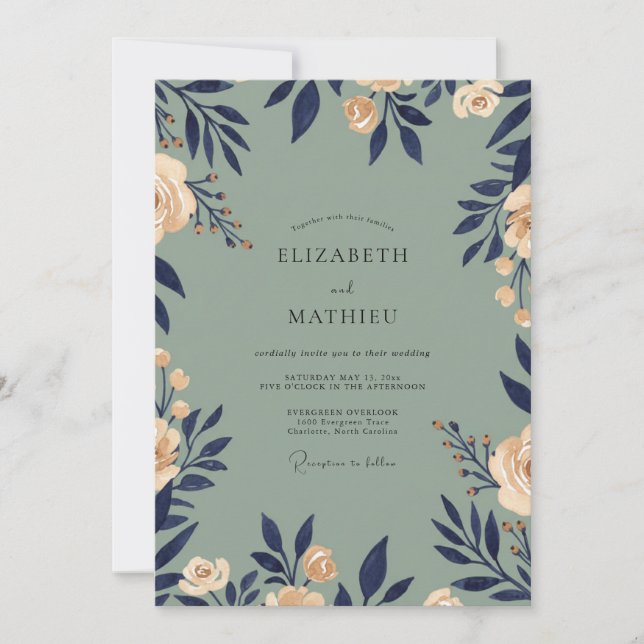 Invitación Boda de eucalipto con follaje de champán naval (Anverso)