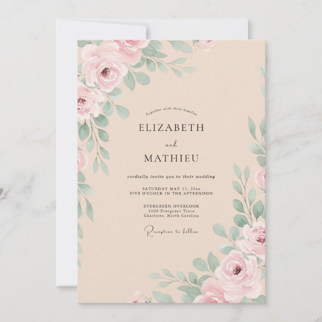 Invitación Boda de Eucalipto con Follaje de Champán Rosado (Anverso)