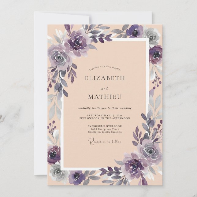 Invitación Boda de Eucalipto con Follaje de Champán Violeta (Anverso)