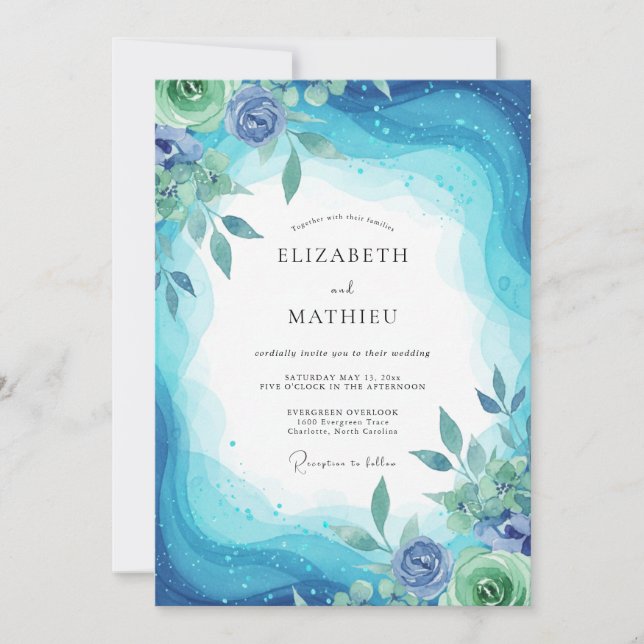 Invitación Boda de eucalipto con follaje de cian pervinca (Anverso)