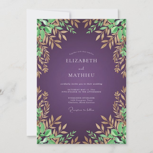 Invitación Boda de Eucalipto con Follaje de Ciruela Cobre (Anverso)