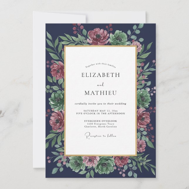 Invitación Boda de Eucalipto con Follaje de Ciruela Medianoch (Anverso)