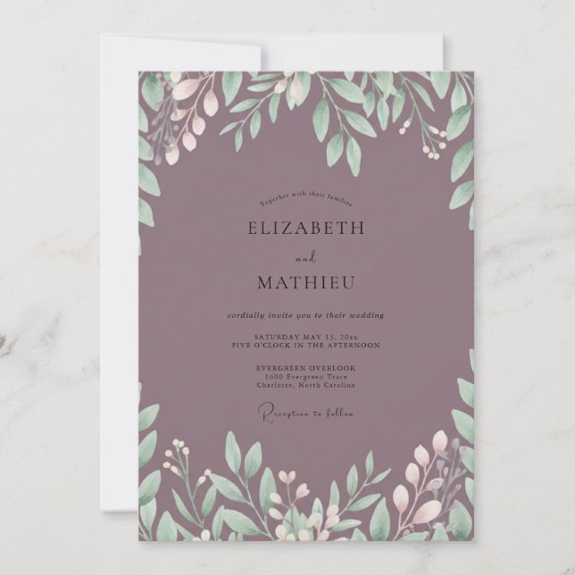 Invitación Boda de Eucalipto con Follaje de Ciruela Opaca (Anverso)
