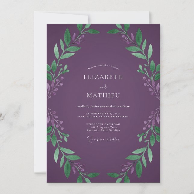 Invitación Boda de eucalipto con follaje de ciruela profunda (Anverso)